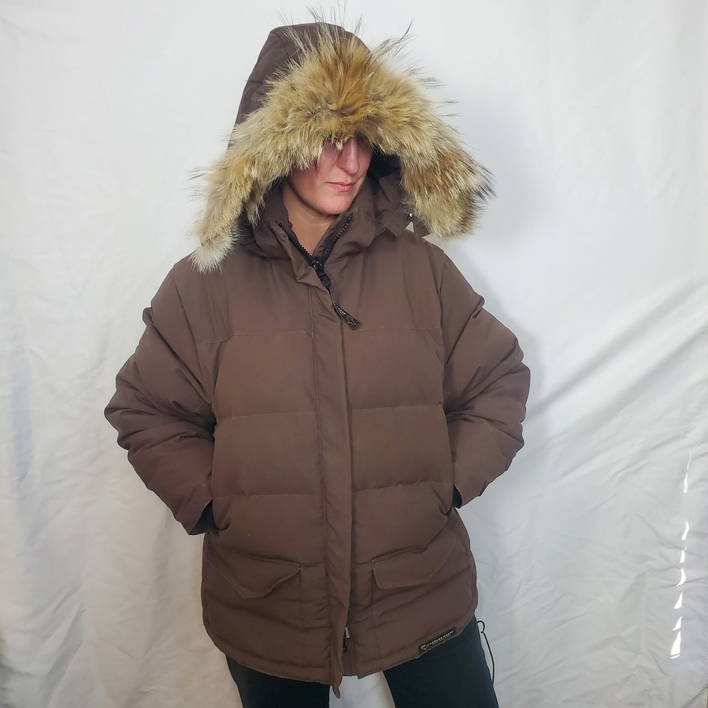 Womens Canada Goose Down Parka Large Coyote Fur Trim Genuine, Brown SEE FLAWS